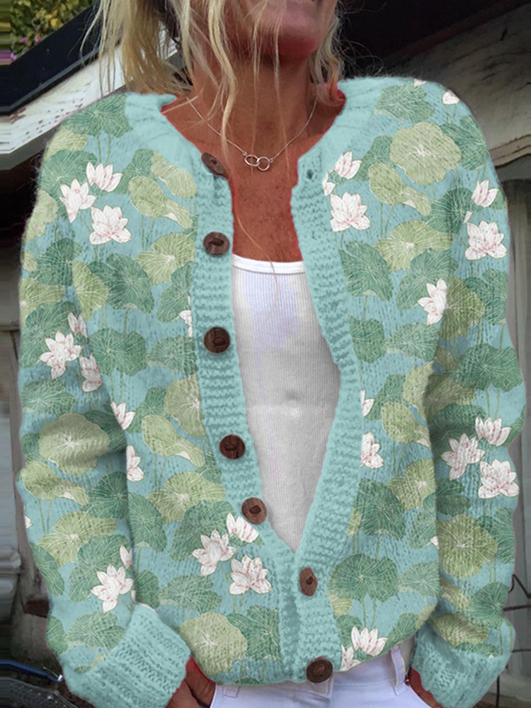 Vintage Water Lily Art Knitted Sweater Cardigan