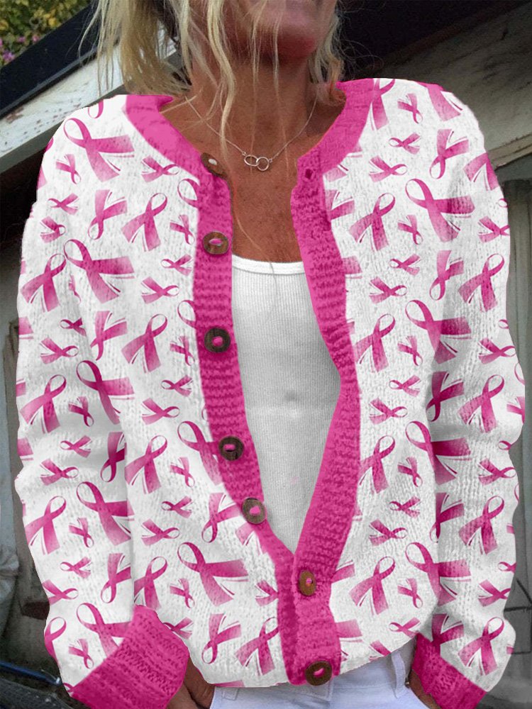 Breast Cancer Pink Ribbon Button Knit Cardigan