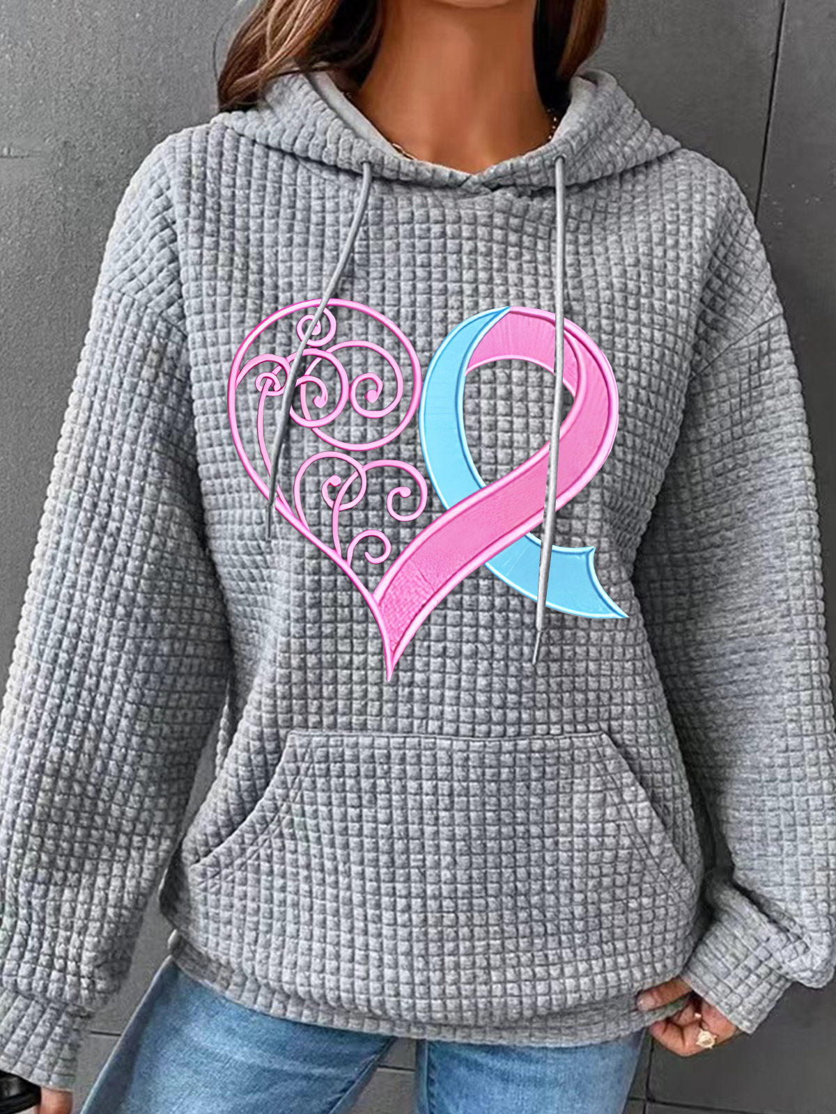 Pink Breast Cancer Heart Simple Loose Hoodie