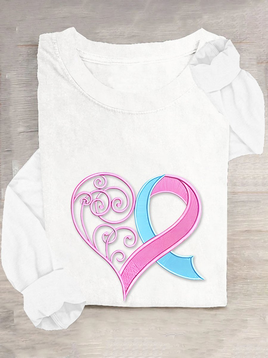 Pink Breast Cancer Heart Casual Long Sleeve Shirt