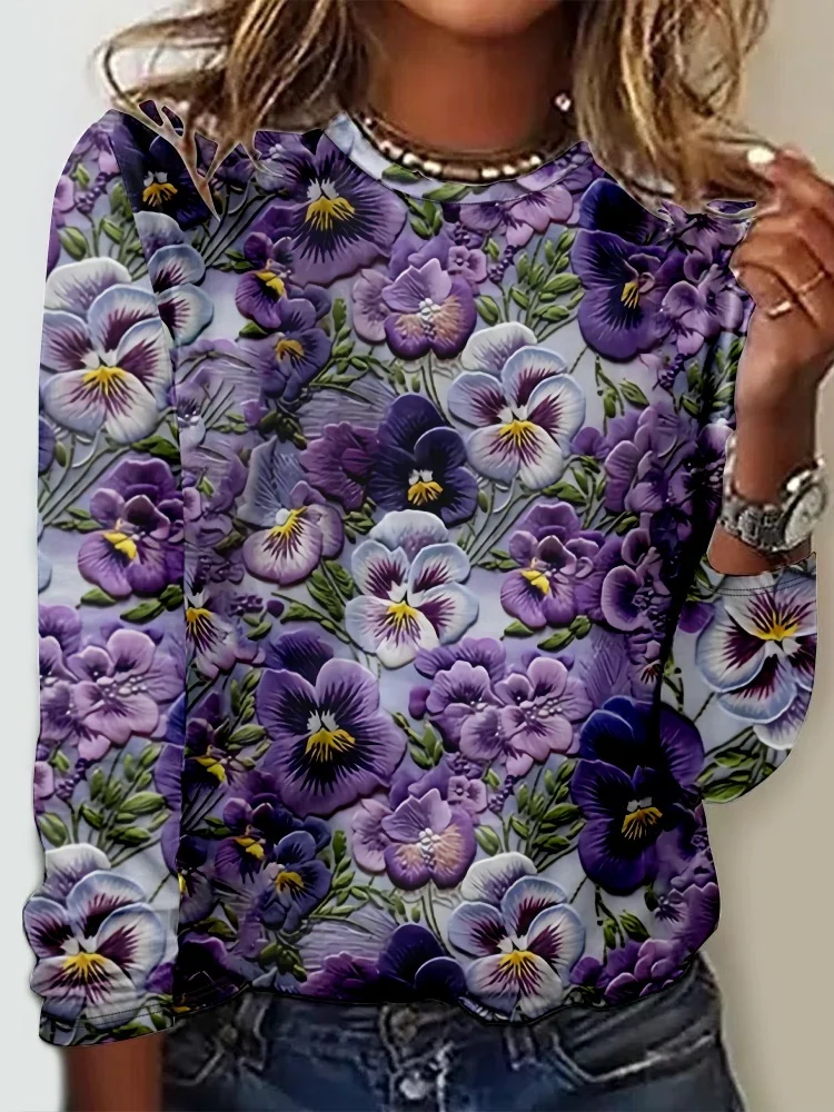 Crew Neck Purple Floral Long Sleeve Shirt