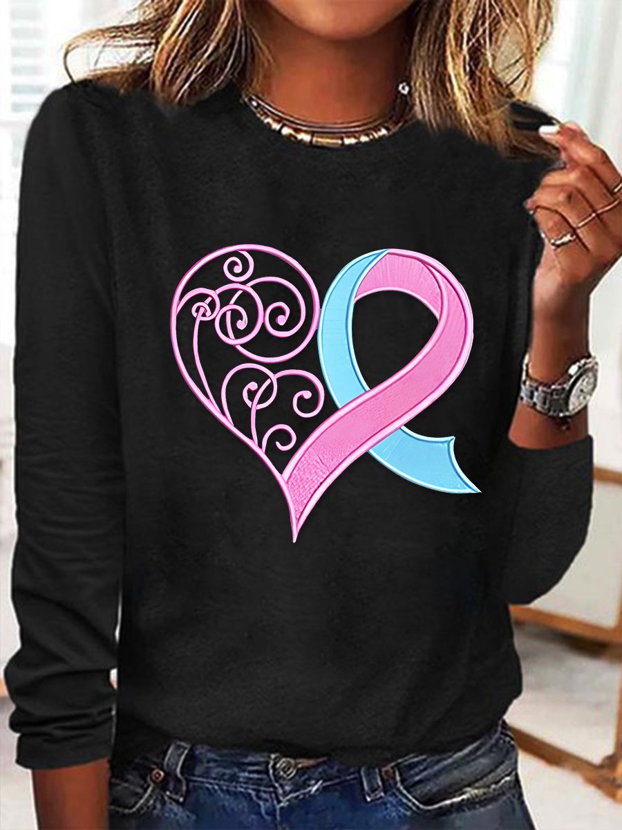 Pink Breast Cancer Heart Casual Long Sleeve Shirt