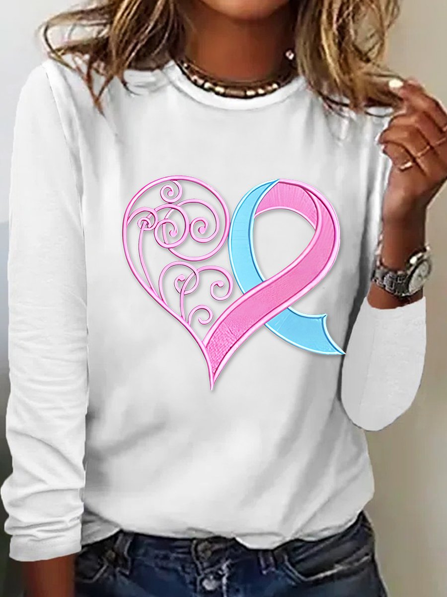 Pink Breast Cancer Heart Casual Long Sleeve Shirt