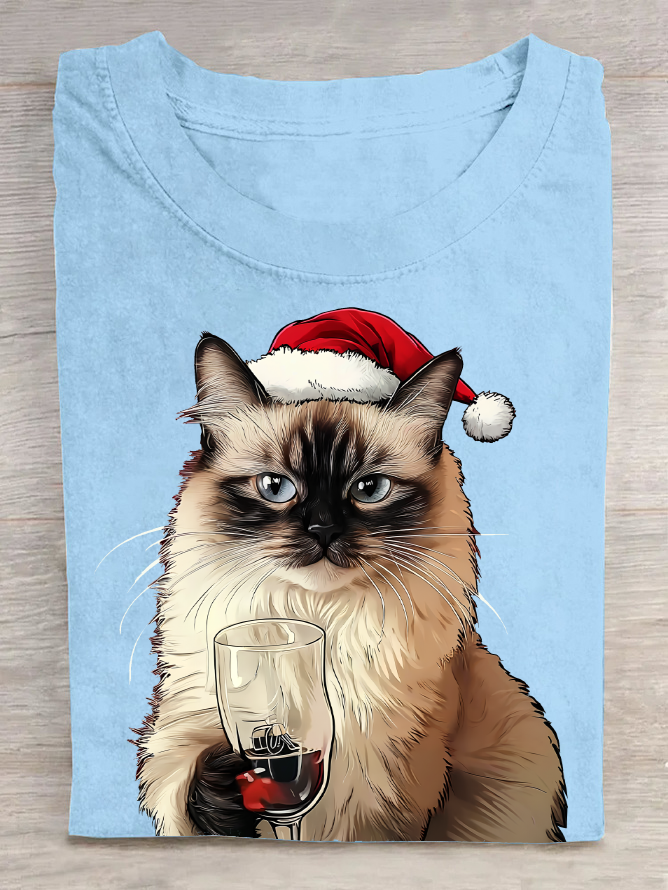 A Cat Wearing A Santa Hat And Christmas Costume And Holding A Wine Glass Cotton T-Shirt