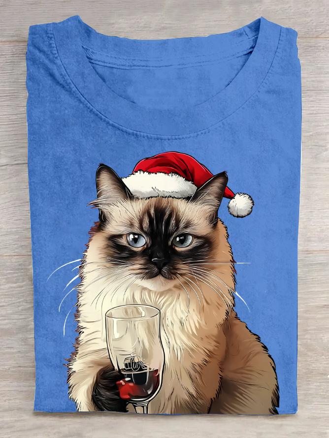 A Cat Wearing A Santa Hat And Christmas Costume And Holding A Wine Glass Cotton T-Shirt