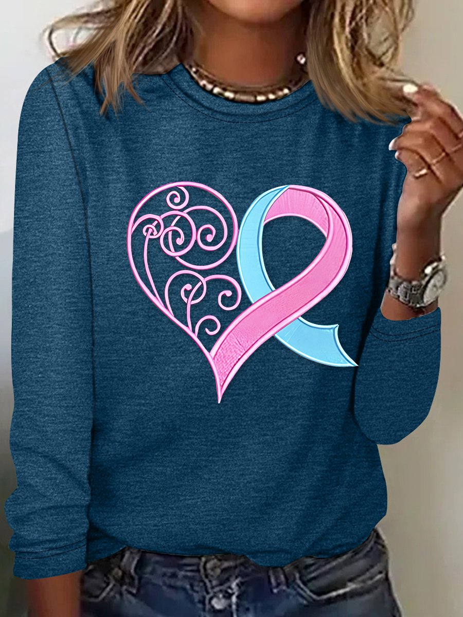 Pink Breast Cancer Heart Casual Long Sleeve Shirt