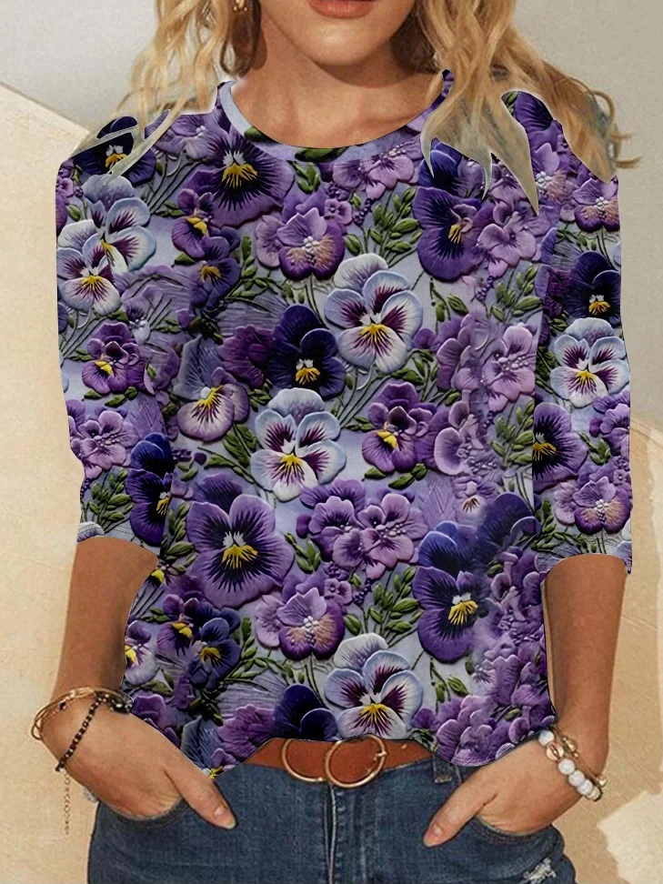 Crew Neck Purple Floral Long Sleeve Shirt