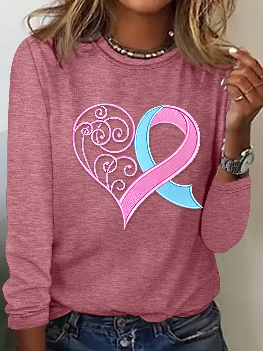 Pink Breast Cancer Heart Casual Long Sleeve Shirt