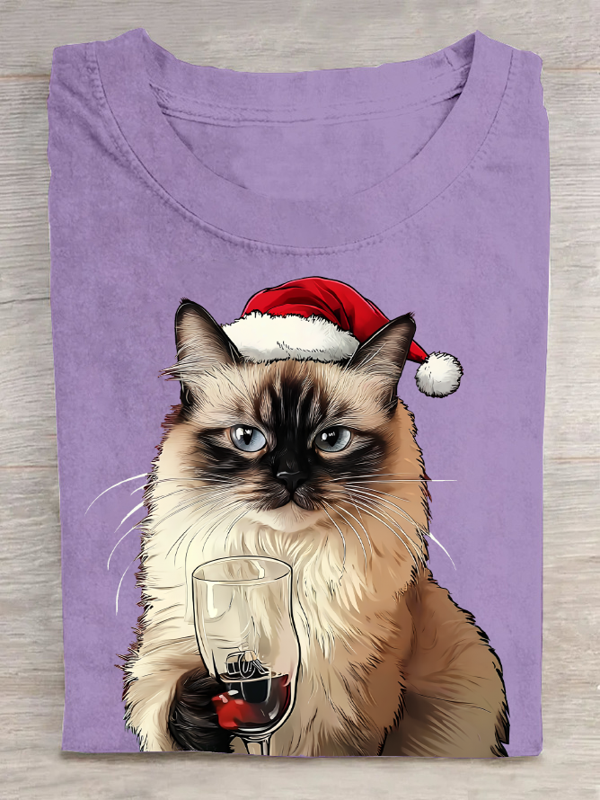 A Cat Wearing A Santa Hat And Christmas Costume And Holding A Wine Glass Cotton T-Shirt