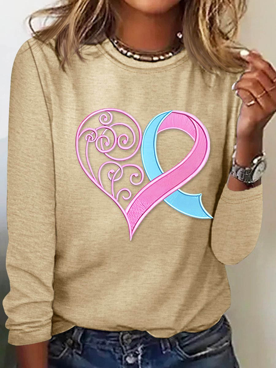 Pink Breast Cancer Heart Casual Long Sleeve Shirt