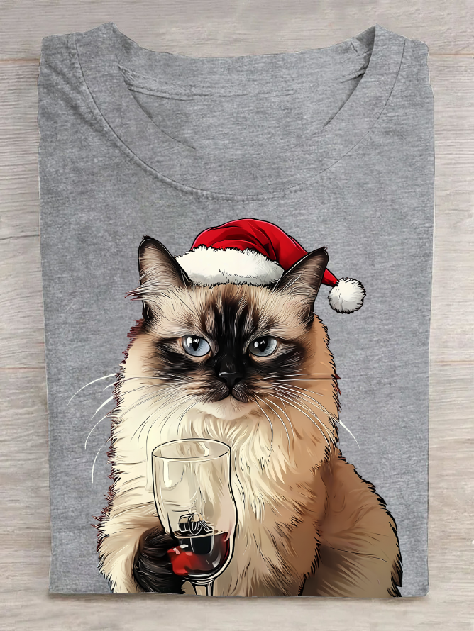 A Cat Wearing A Santa Hat And Christmas Costume And Holding A Wine Glass Cotton T-Shirt