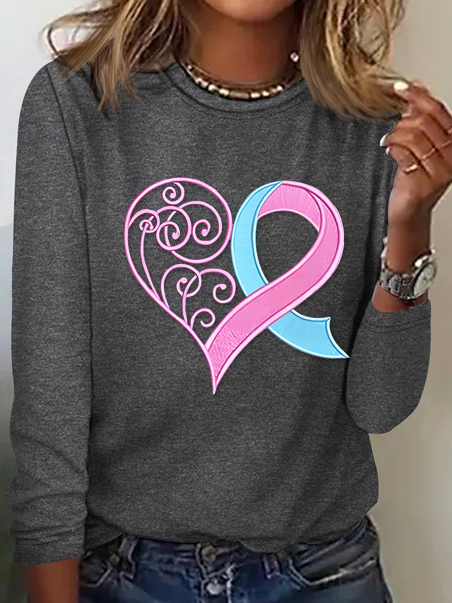 Pink Breast Cancer Heart Casual Long Sleeve Shirt