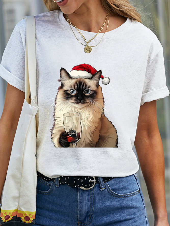 A Cat Wearing A Santa Hat And Christmas Costume And Holding A Wine Glass Cotton T-Shirt