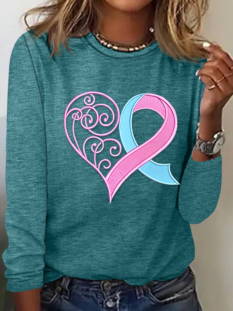 Pink Breast Cancer Heart Casual Long Sleeve Shirt