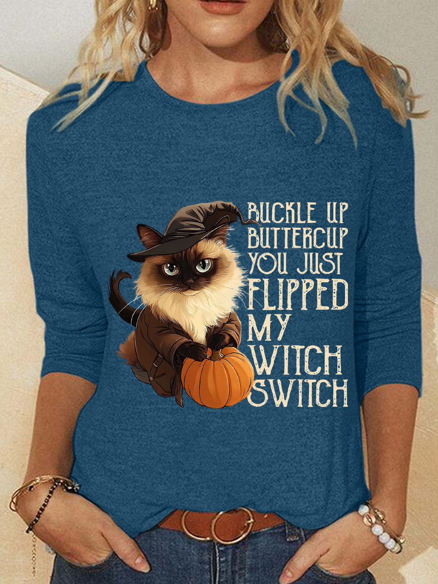 Women's Halloween Buckle Up Buttercup You Just Flipped My Witch Switch Print Witch Pumpkin Cat Casual Long Sleeve Shirt