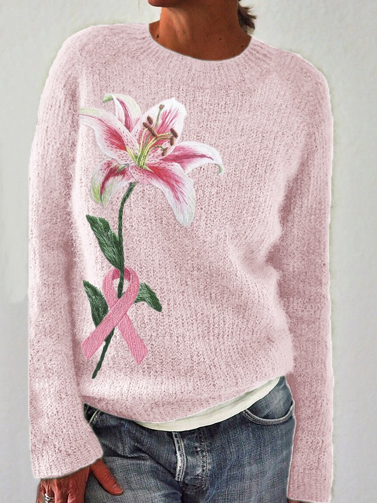 Elegant Lily Pink Ribbon Embroidered Knitted Sweater