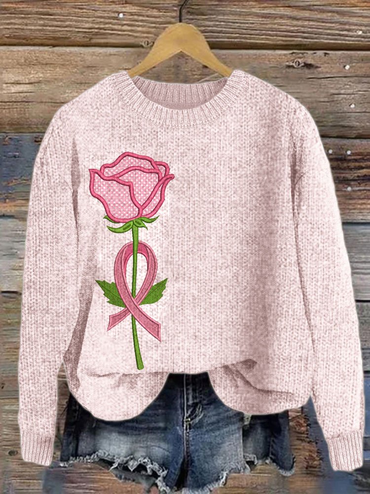 Pink rose art pullover knitted sweater