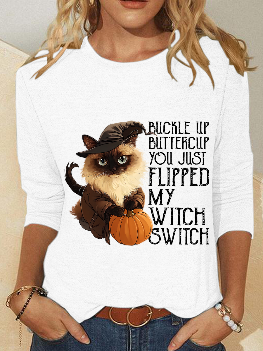 Women's Halloween Buckle Up Buttercup You Just Flipped My Witch Switch Print Witch Pumpkin Cat Casual Long Sleeve Shirt