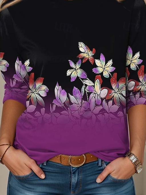 Women's Long Sleeve T-shirt Spring/Fall Purple Floral Jersey Crew Neck Daily Going Out Casual Top