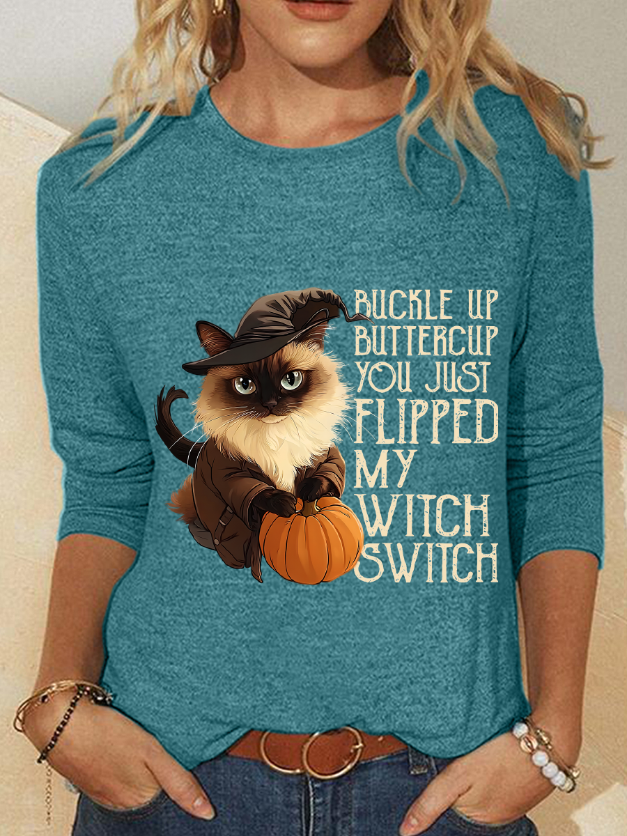 Women's Halloween Buckle Up Buttercup You Just Flipped My Witch Switch Print Witch Pumpkin Cat Casual Long Sleeve Shirt