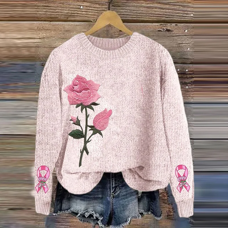 Breast Cancer Pink Flower Pullover Knitted Sweater