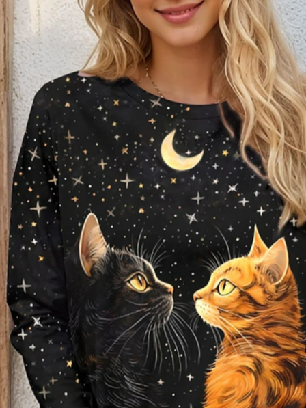 Women's Long Sleeve T-shirt Spring/Fall Black Cat Jersey Crew Neck Daily Going Out Casual Top