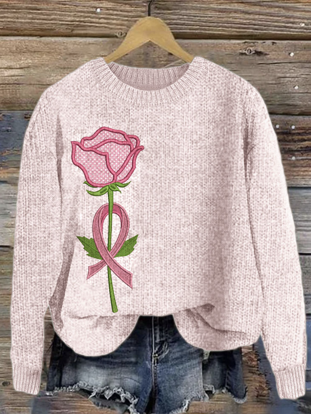 Pink rose art pullover knitted sweater