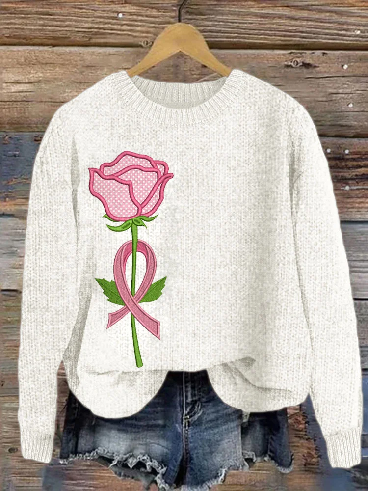 Pink rose art pullover knitted sweater