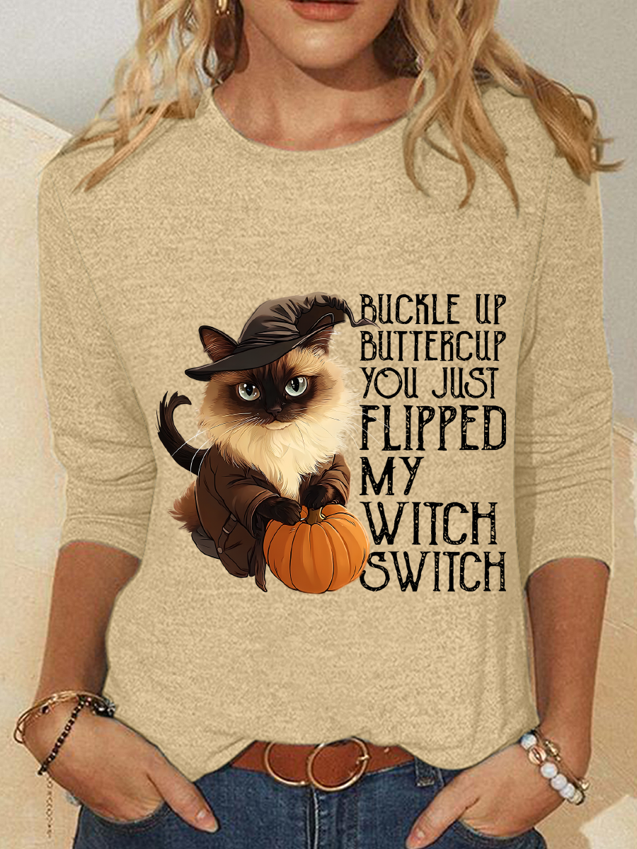 Women's Halloween Buckle Up Buttercup You Just Flipped My Witch Switch Print Witch Pumpkin Cat Casual Long Sleeve Shirt