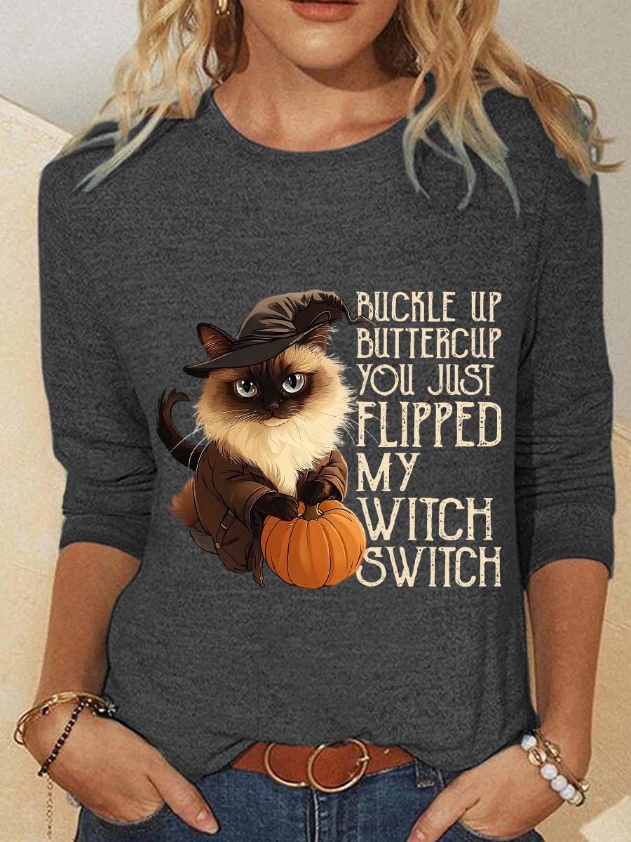 Women's Halloween Buckle Up Buttercup You Just Flipped My Witch Switch Print Witch Pumpkin Cat Casual Long Sleeve Shirt