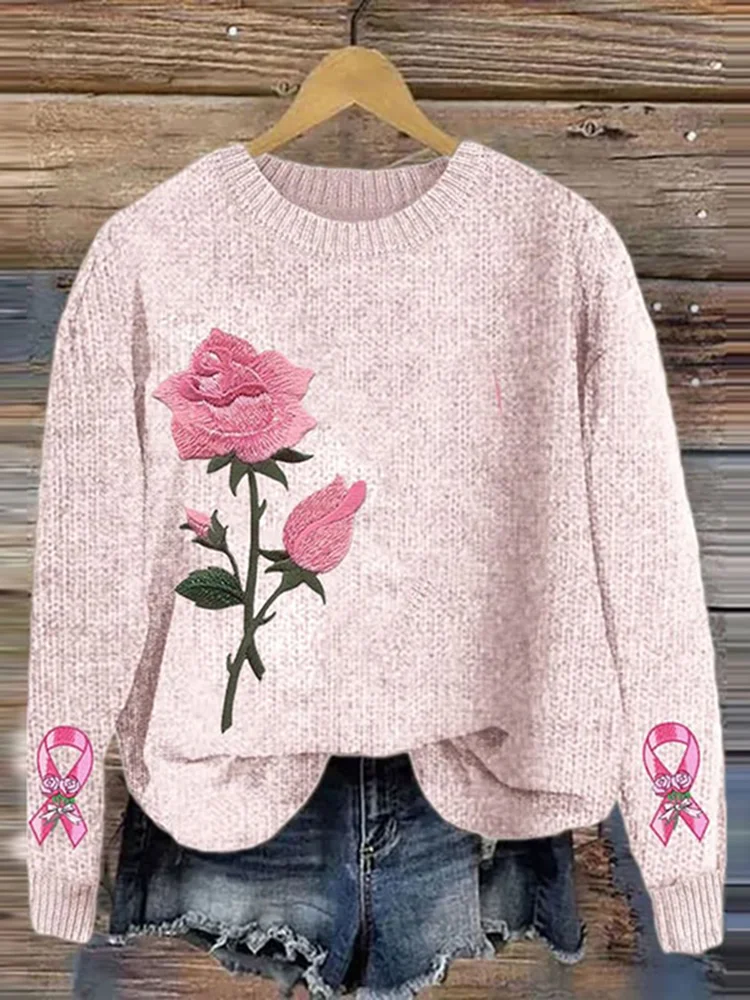 Breast Cancer Pink Flower Pullover Knitted Sweater