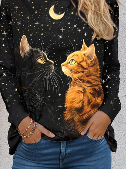 Women's Long Sleeve T-shirt Spring/Fall Black Cat Jersey Crew Neck Daily Going Out Casual Top