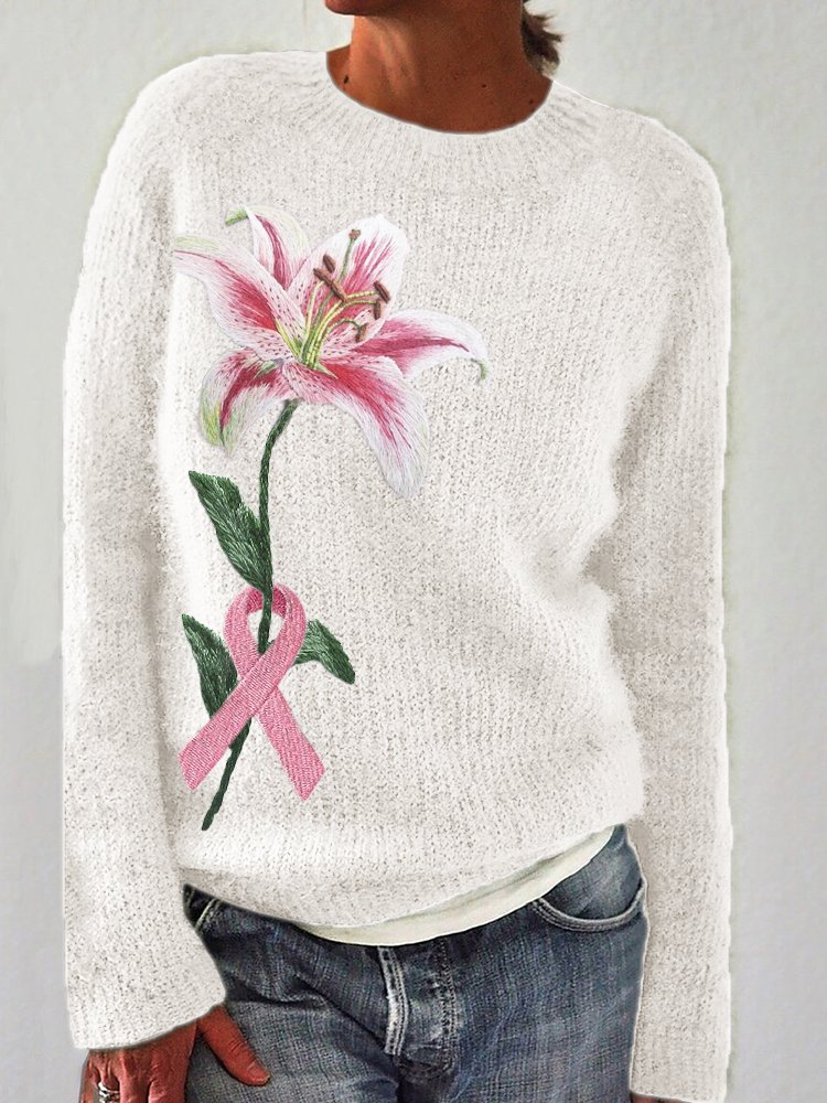 Elegant Lily Pink Ribbon Embroidered Knitted Sweater