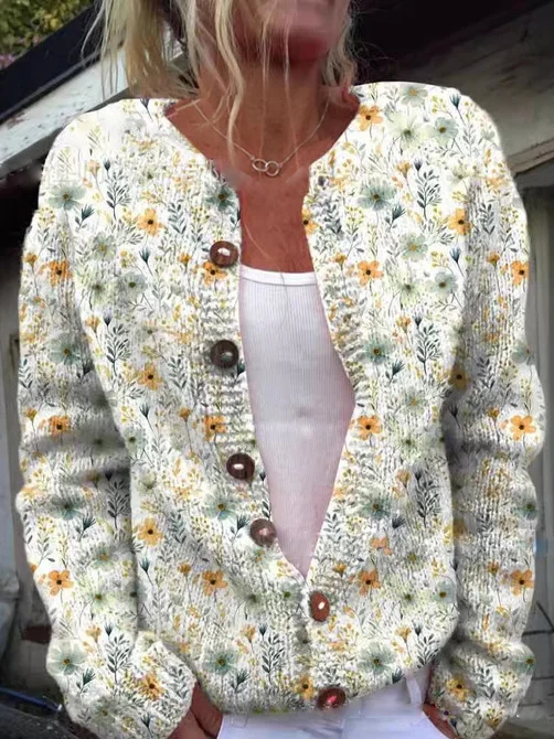 Casual Loose Floral Crew Neck Cardigan