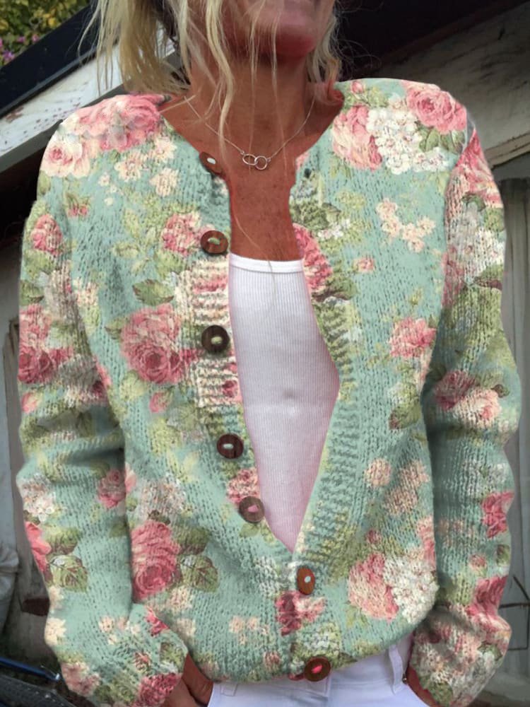 Casual Loose Floral Crew Neck Cardigan