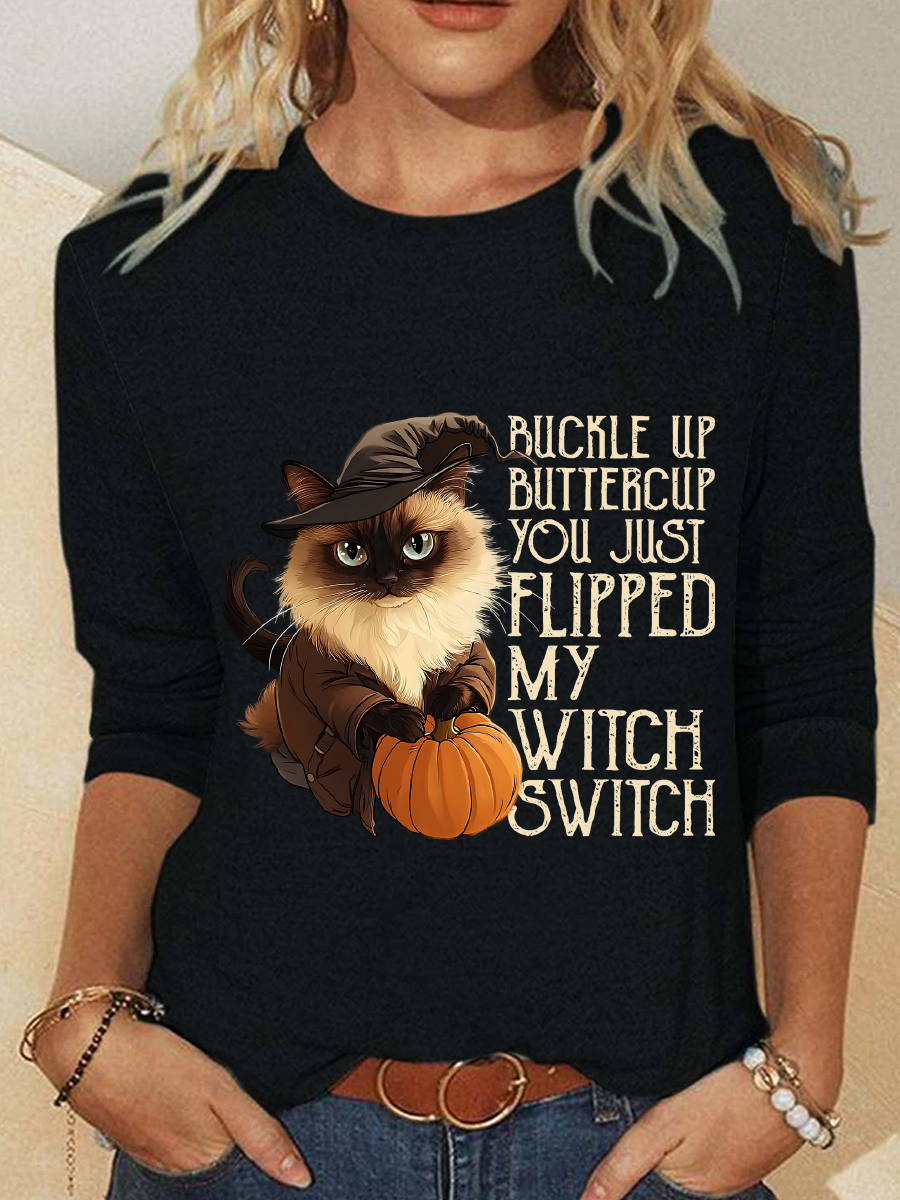 Women's Halloween Buckle Up Buttercup You Just Flipped My Witch Switch Print Witch Pumpkin Cat Casual Long Sleeve Shirt