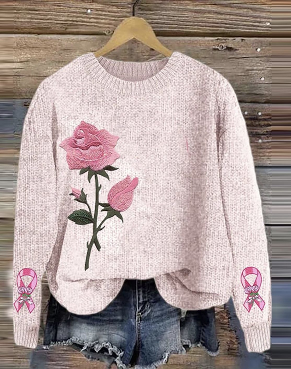 Breast Cancer Pink Flower Pullover Knitted Sweater