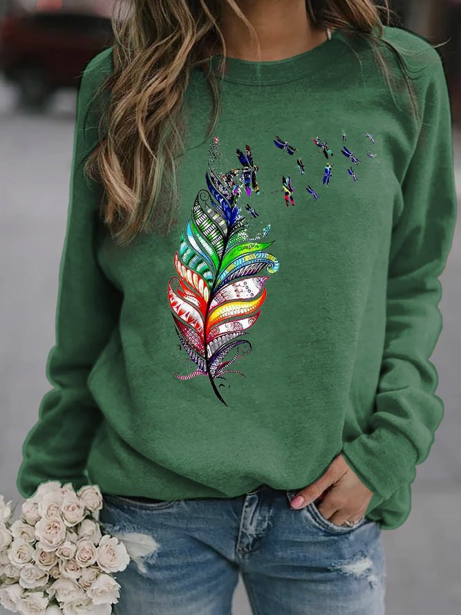 Loose Casual Crew Neck Dragonfly Sweatshirt