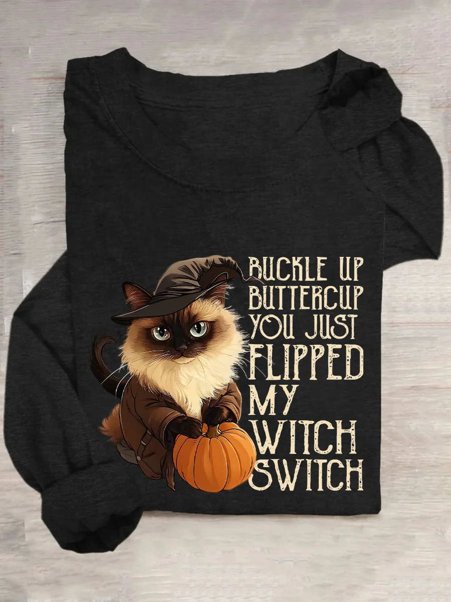 Women's Halloween Buckle Up Buttercup You Just Flipped My Witch Switch Print Witch Pumpkin Cat Casual Long Sleeve Shirt