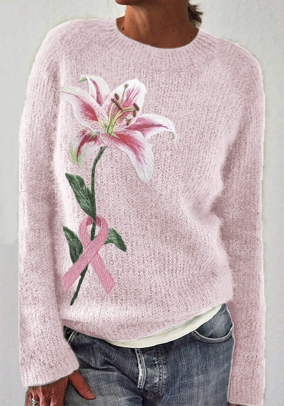 Elegant Lily Pink Ribbon Embroidered Knitted Sweater