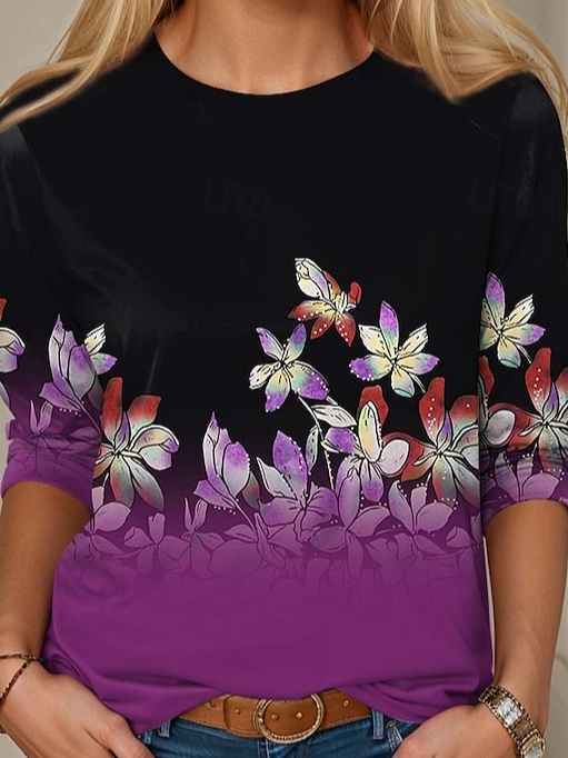 Women's Long Sleeve T-shirt Spring/Fall Purple Floral Jersey Crew Neck Daily Going Out Casual Top