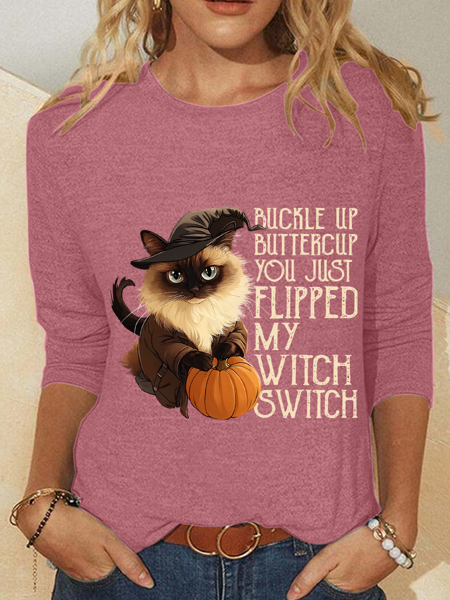 Women's Halloween Buckle Up Buttercup You Just Flipped My Witch Switch Print Witch Pumpkin Cat Casual Long Sleeve Shirt