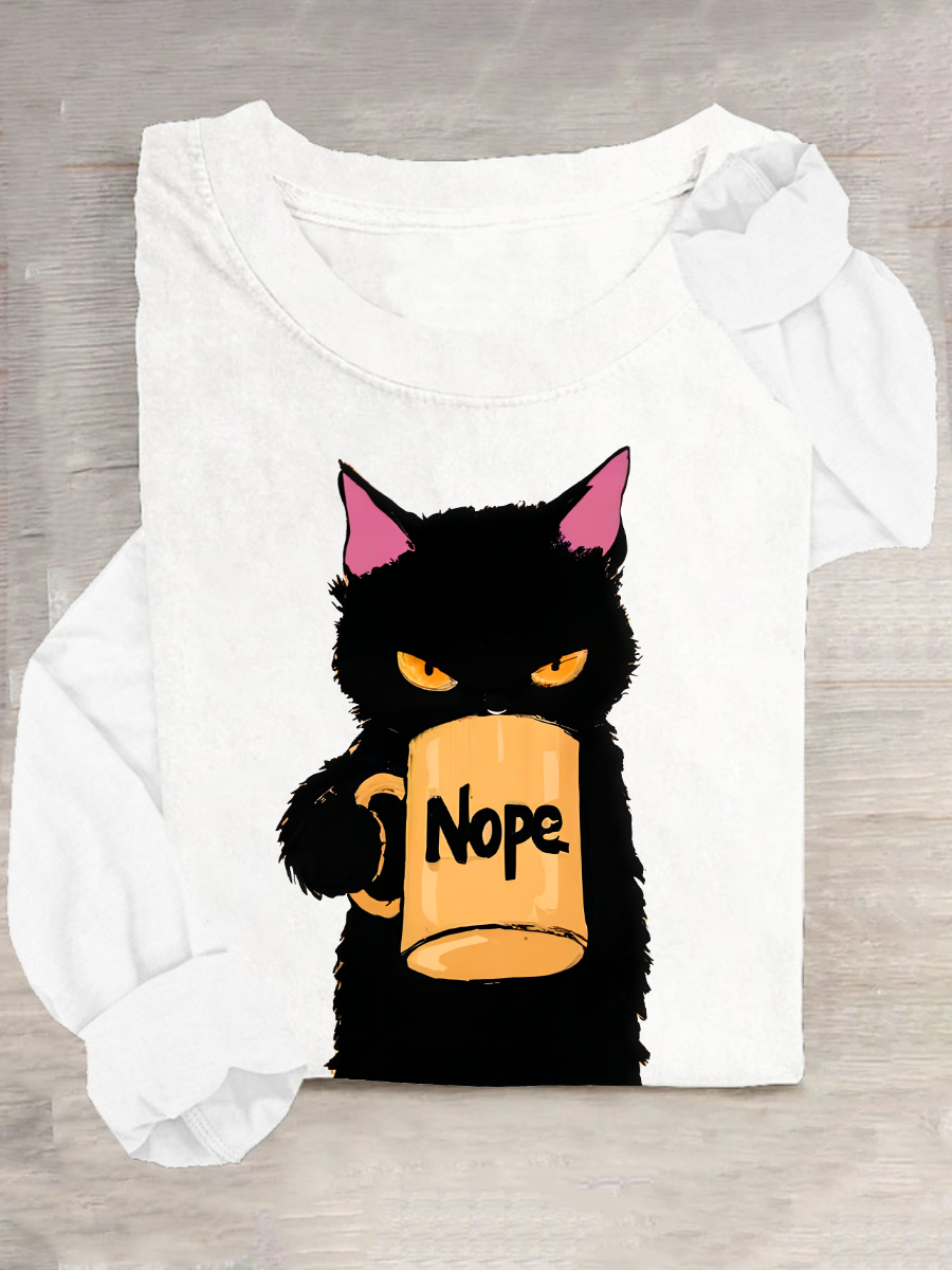 Funny Nope Cat Coffee Casual Long Sleeve Shirt