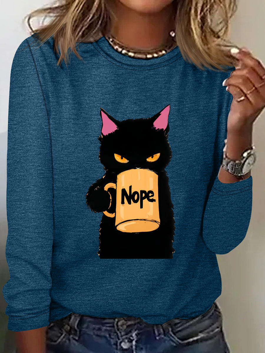 Funny Nope Cat Coffee Casual Long Sleeve Shirt