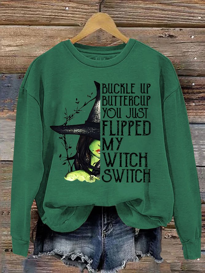 Women's Halloween Buckle Up Buttercup You Just Flipped My Witch Switch Print Casual Sweatshirt