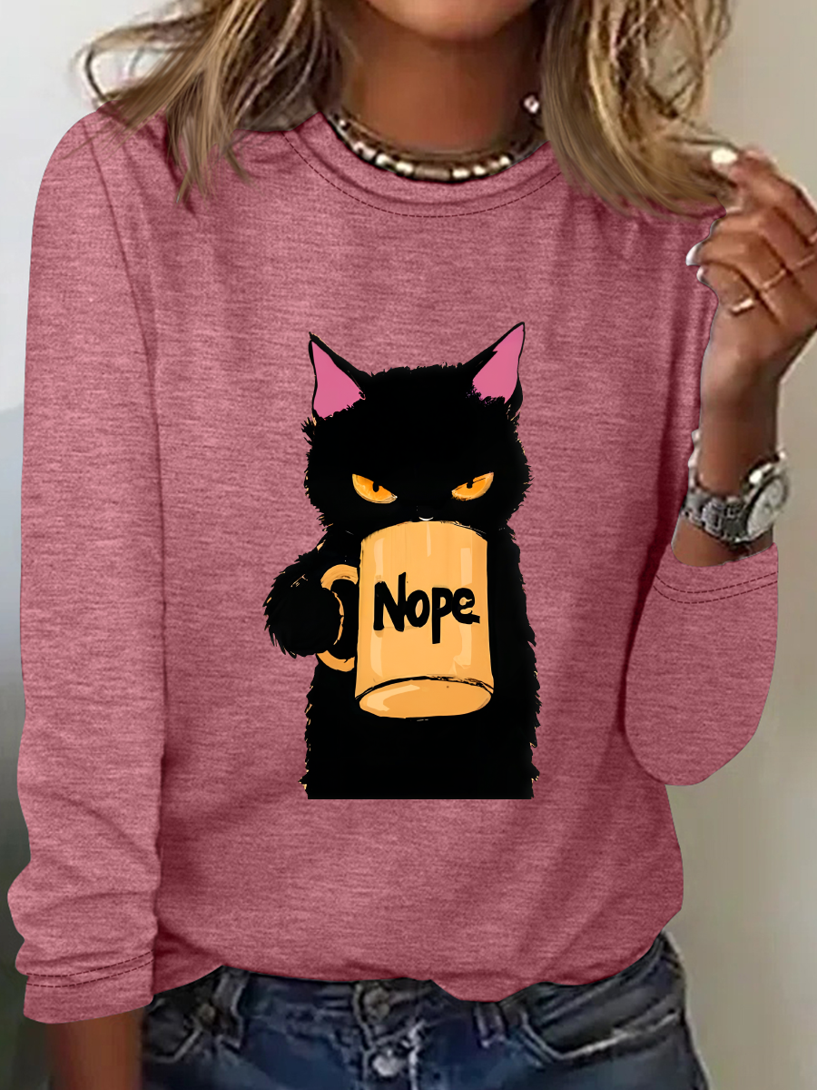 Funny Nope Cat Coffee Casual Long Sleeve Shirt