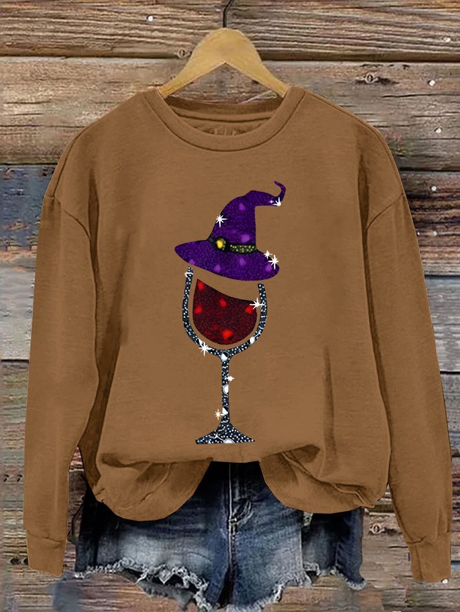 Witch and Wine Glass Print Casual Sweatshirt