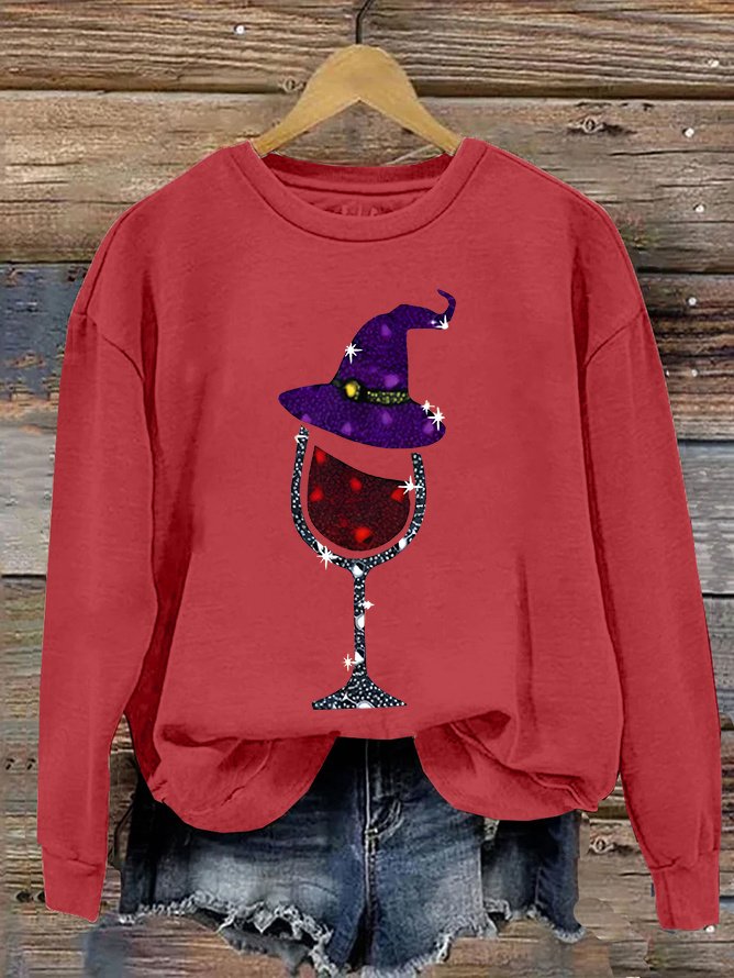 Witch and Wine Glass Print Casual Sweatshirt