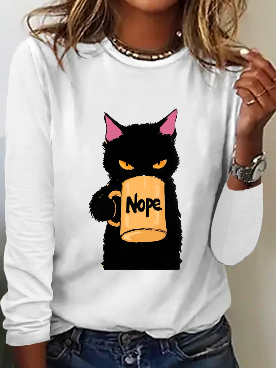 Funny Nope Cat Coffee Casual Long Sleeve Shirt