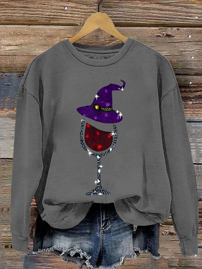 Witch and Wine Glass Print Casual Sweatshirt